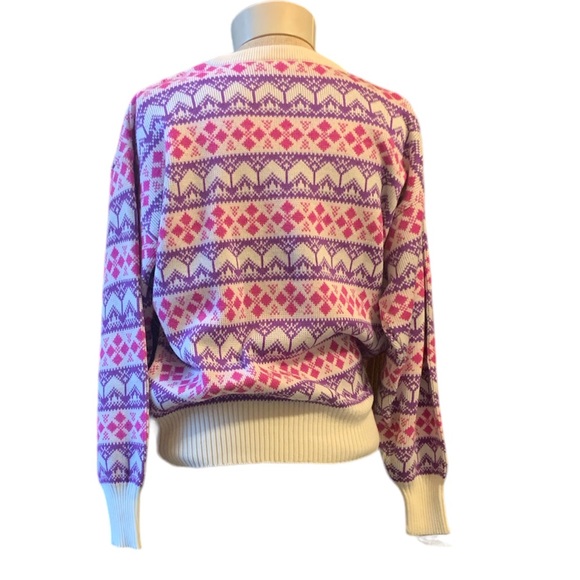 80's Vtg Meister Pink & Purple Wool Blend Nordic Long Sleeve Pullover Ski - Picture 4 of 7